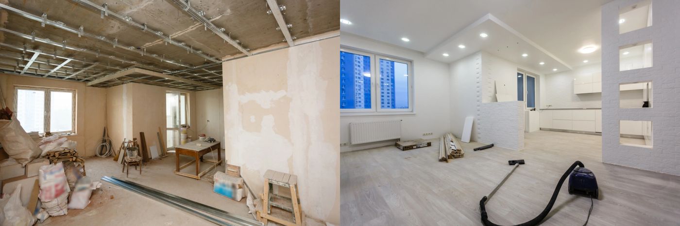 Interior room shown before and after a full repaint