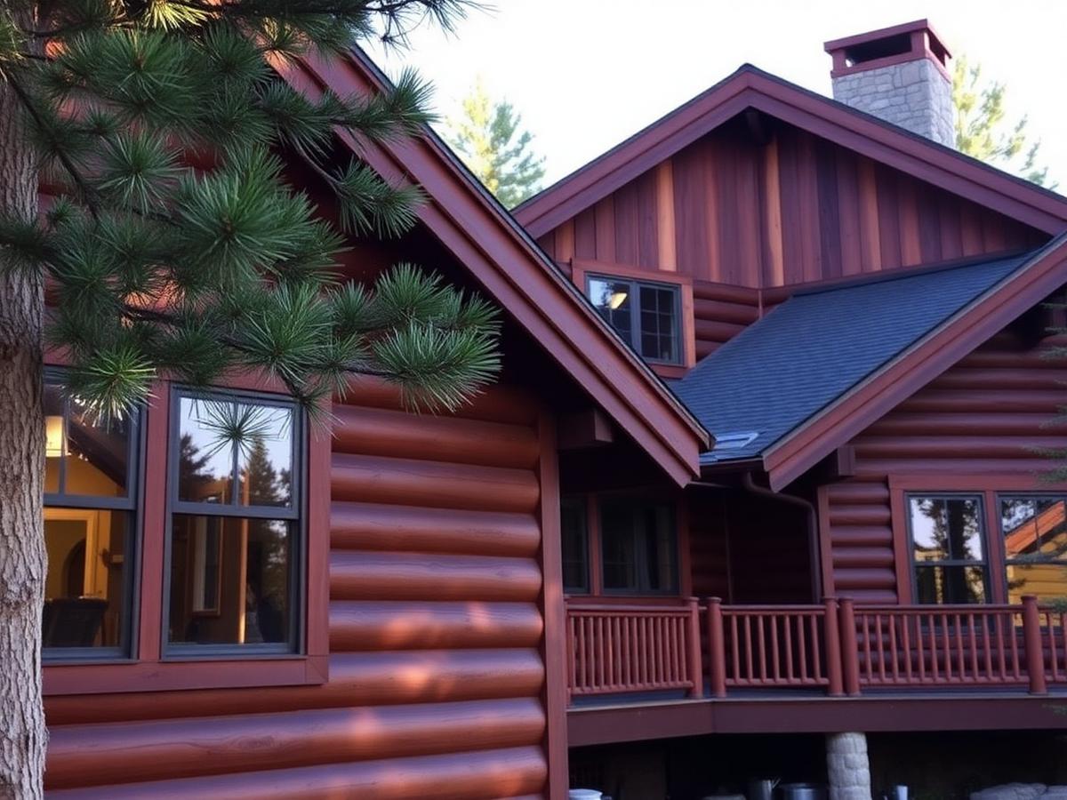 Freshly stained cedar mountain cabin among pines