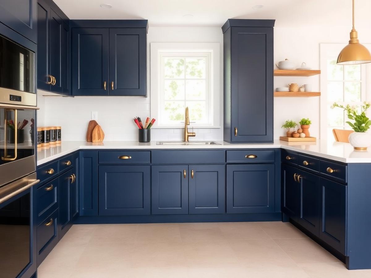 Sprayed navy kitchen cabinets with brass hardware