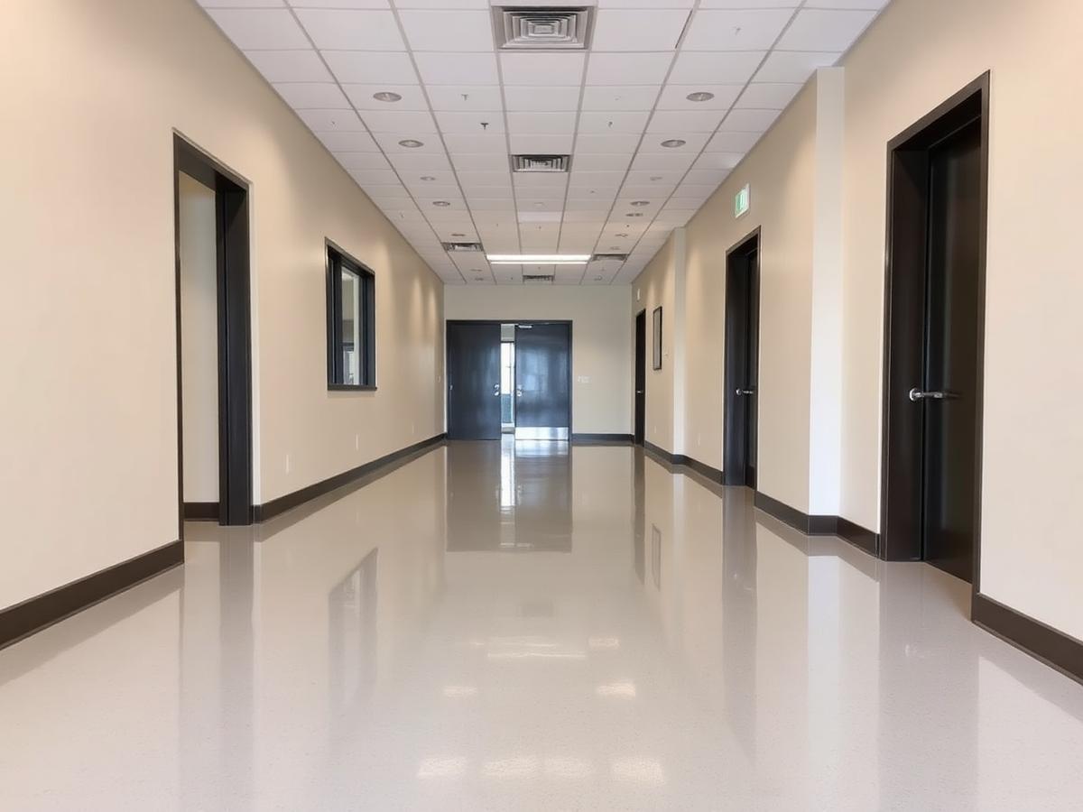 Commercial corridor with fresh paint and coated floor