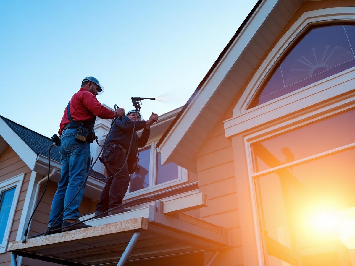 Crew spraying an exterior in golden-hour light