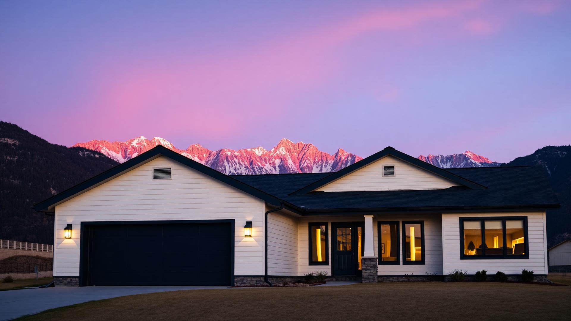 Freshly painted mountain home glowing under Colorado alpenglow
