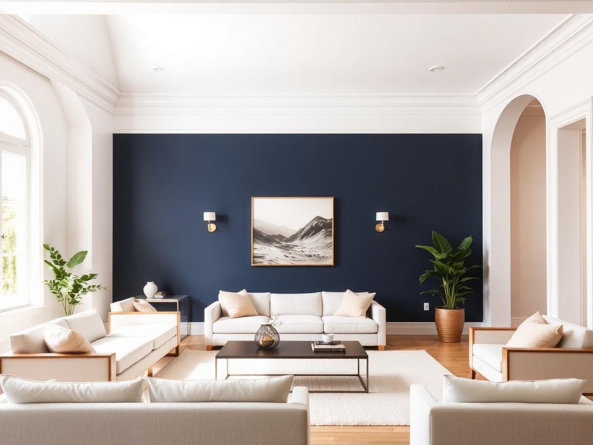 Interior repaint with navy accent wall and crisp white trim